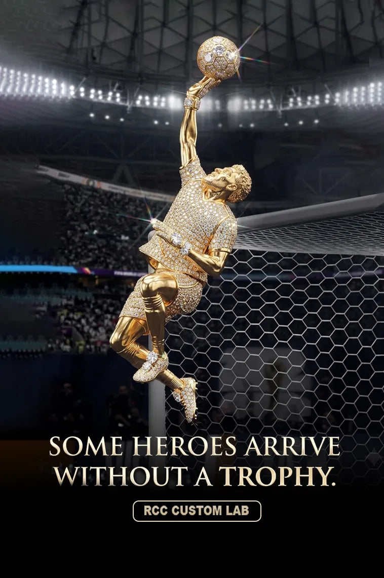 Vertical promotional poster featuring fully iced yellow gold goalkeeper figurine leaping to grab diamond soccer ball in stadium backdrop, text slogan Some heroes arrive without a trophy, RCC Custom Lab custom hip hop jewelry artwork