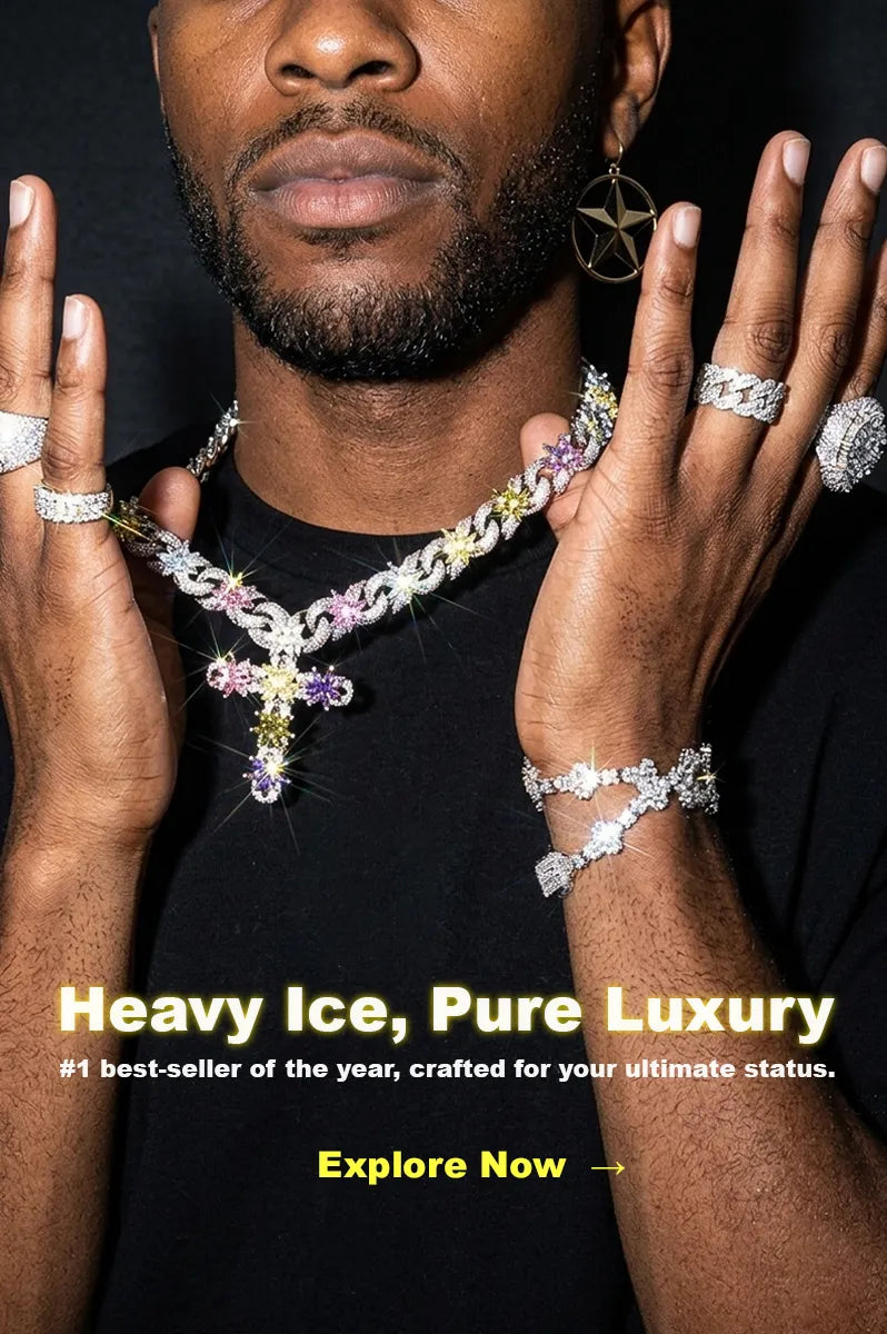 Vertical promotional poster featuring male model showcasing full set of hip hop jewelry, multicolor iced cross cuban chain, diamond rings, link bracelet and star earring. Text slogan Heavy Ice, Pure Luxury, mens luxury rapper bling jewelry marketing graphic on dark background